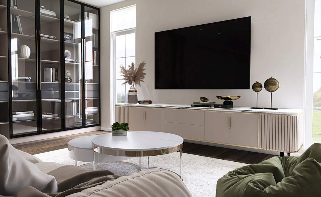 Spacious living room with a large TV and coffee table, showcasing contemporary entertainment wall ideas for Texas homes.