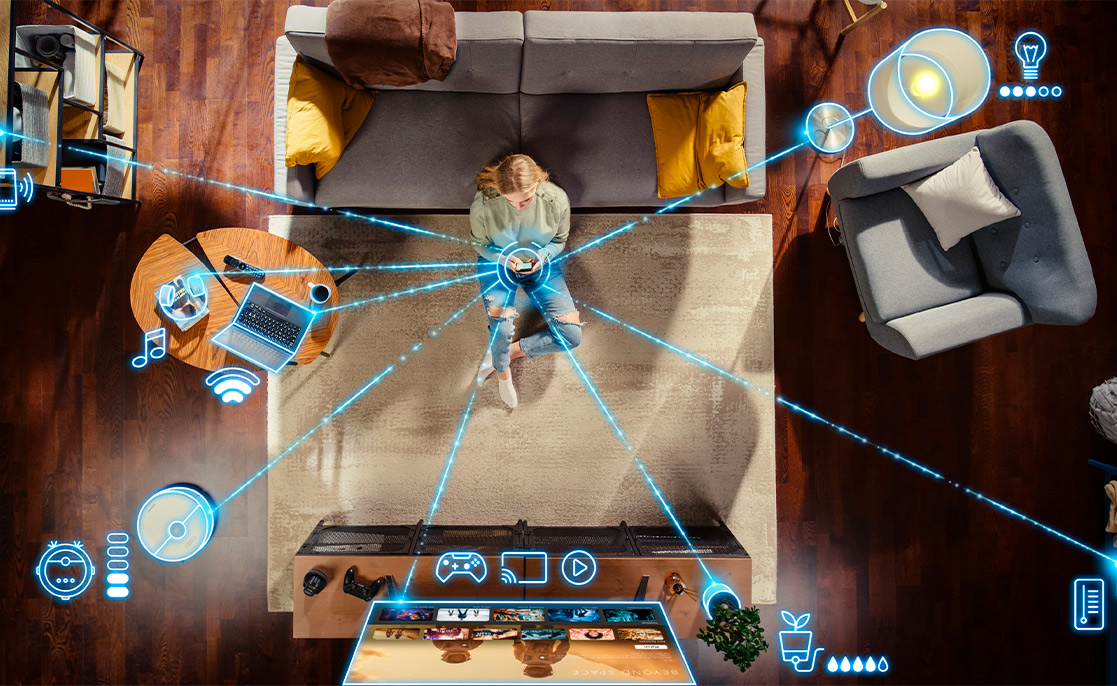 woman enjoying a smart home system. 